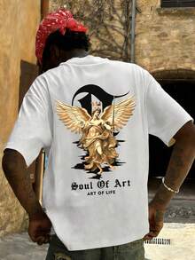 Men's Summer Fashion Minimalist Street Angel Wing Gold Sculpture Element Print Round Neck Short Sleeve T-Shirt | Basic Style Street Casual Versatile Top, Boyfriend/Husband Gift - White - View 3