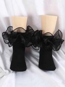 1 par de calcetines de tobillo con volantes de color liso lindos para uso diario para niñas - Negro - Ver 10