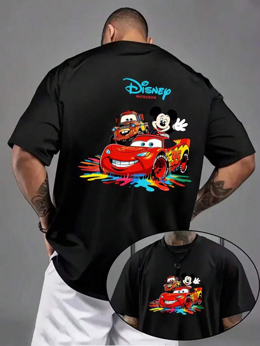 1 Disney Men's T-Shirt, Disney Car Story Lightning McQueen Pattern Men's Short-Sleeved T-Shirt, Round Neck Casual And Comfortable T-Shirt, Breathable And Light, Suitable For Sports And Leisure Wear, Spring And Summer T-Shirt, Suitable For Gifts, Suitable For Travel And Parties. - Black - View 1