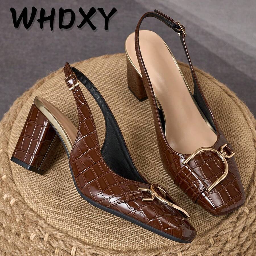 Vintage Brown Crocodile Embossed Square Toe Sandals, Metal Buckle Open Back Thick Heel Design, Versatile High Heels For Work & Commute - Brown - View 1