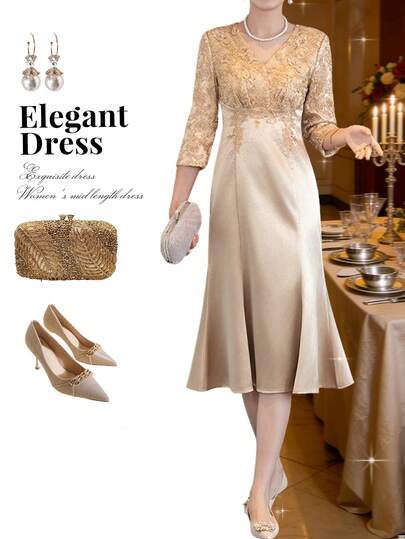 Champagne Color Elegant Party Dress For Women, V-Neck 3/4 Sleeve Mermaid Hem Luxury Evening Gown, Suitable For Wedding/Guest/Occasion/Engagement/Ceremony/Banquet/Birthday/Social/Cocktail/Graduation, Mothers Outfit