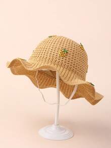 1顶婴儿/幼儿/小女孩透气针织宽檐菠萝装饰遮阳帽，防紫外线 - 1PC - 查看 5
