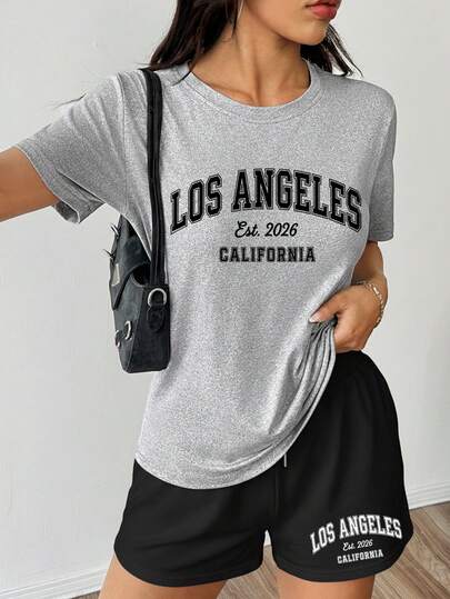 Two Pieces Athletic Set, Including A Short-Sleeved T-Shirt And Loose-Fitting Sports Shorts, With Letter Print Design. Women's Fitness Wear. Suitable For Various Occasions Such As Outdoor Sports, Travel, And City Walks. Comfortable To Wear And Easy To Match. Sports Set, Sports Top And Shorts, Fitness Wear, Women's Sports Set, Women's Top, Women's Shorts, Women's Sportswear.