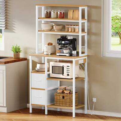 Kitchen Storage Rack With Power Outlet, 2 AC Outlets 2 USB Ports, Coffee Bar, Baker's Rack With 2 Drawers And 4 Hooks, Microwave Shelf, For Oven, 31.5 X 15.7 X 66 Inch