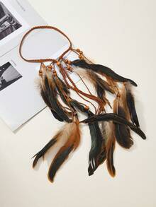 1pc Bohemian Style Long Feather Hair Chain, Women's Beach, Party, Music Festival Wear Hair Accessory Jewelry Feather Headband - 127 - View 8