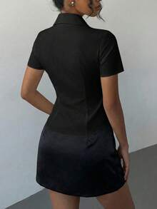 女士纯色纽扣前襟收腰优雅商务休闲短袖衬衫，适合夏季办公室通勤 - 黑色 - 查看 2