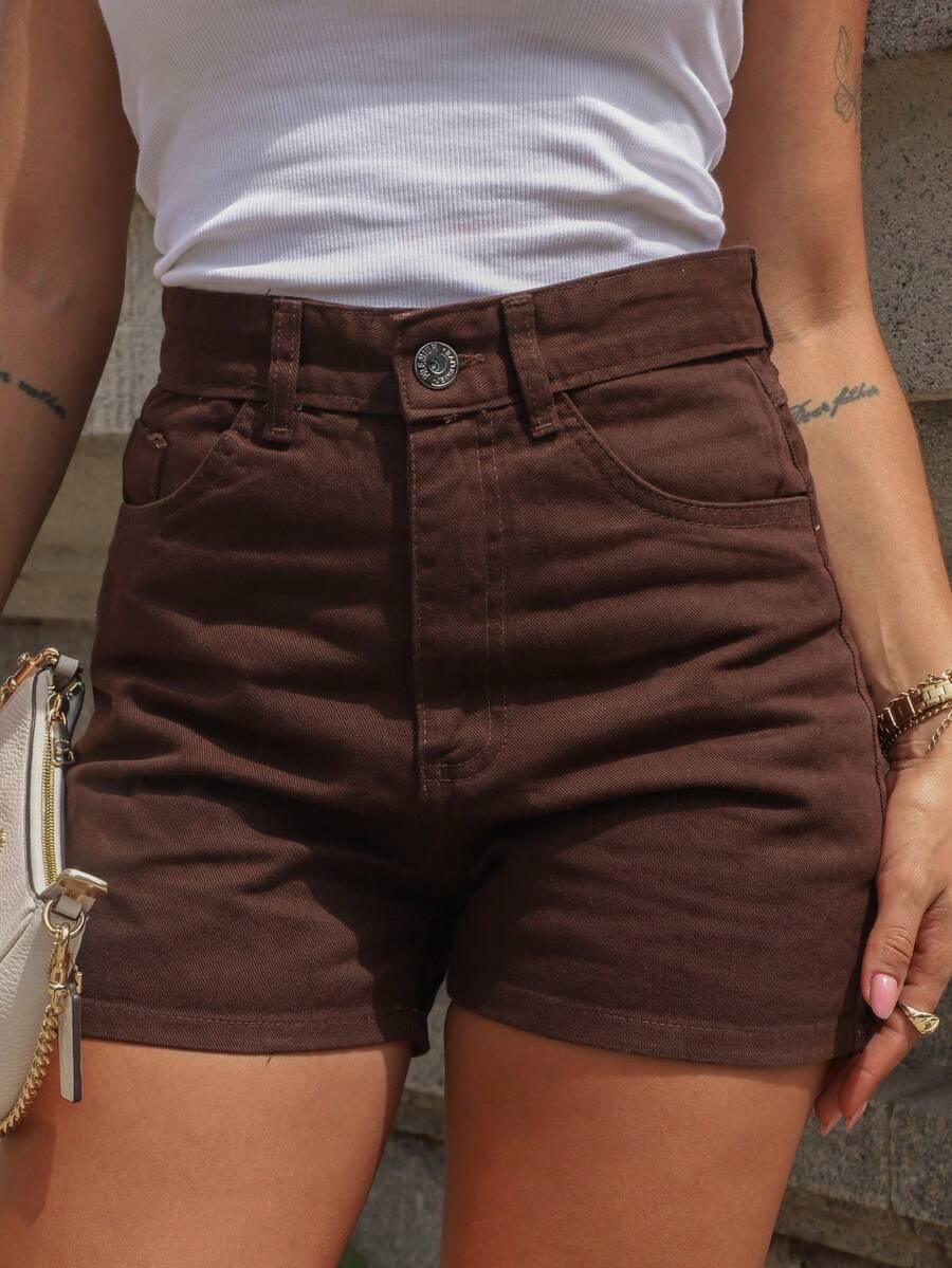 Women's Long Denim Shorts, 100% Cotton, Elegant, High-Waisted, Summer Style - 深棕色 - 查看 1