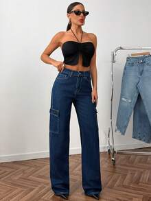 Women's Casual Flap Pocket Straight Leg Jeans, Autumn - Navy Blue - View 4