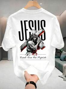 Camiseta Unissex Estampa Nas Costas Religiosa Jesus Blusa Gola Redonda Manga Curta 100% Algodão - Branco - Visão 1