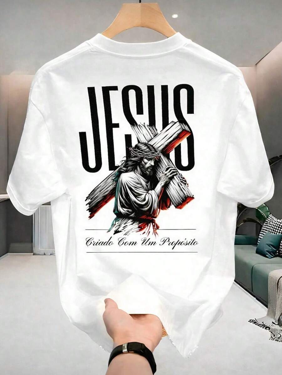 Camiseta Unissex Estampa Nas Costas Religiosa Jesus Blusa Gola Redonda Manga Curta 100% Algodão - Branco - Visão 1