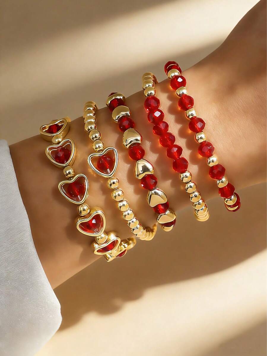 5pcs Vintage Multi-Layer Red Beaded Heart Charm Bracelet Set, Suitable For Women To Wear On Valentine's Day Date, A Gift For Her - Red - View 1