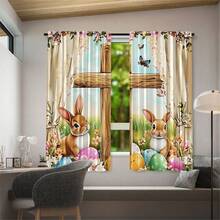 2PCS Cute Easter Bunny And Egg Print Light Sheer Curtains, Semi-Sheer For Privacy Protection. Easy Rod Pocket Installation, Quick-Dry, Fade-Resistant After Washing, Lightweight And Washable. Ideal For Home, Room And Kitchen Decor & Space Dividers. - Multicolor - View 6