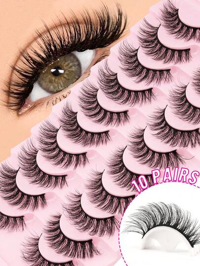 10 Pairs Of Fluffy, Crisscrossed Cat-Eye False Eyelashes; Black, Strong Support Band; Natural, Fine False Eyelashes; Faux Mink Eyelashes; Soft, Fan-Shaped, Curled Eyelashes.
