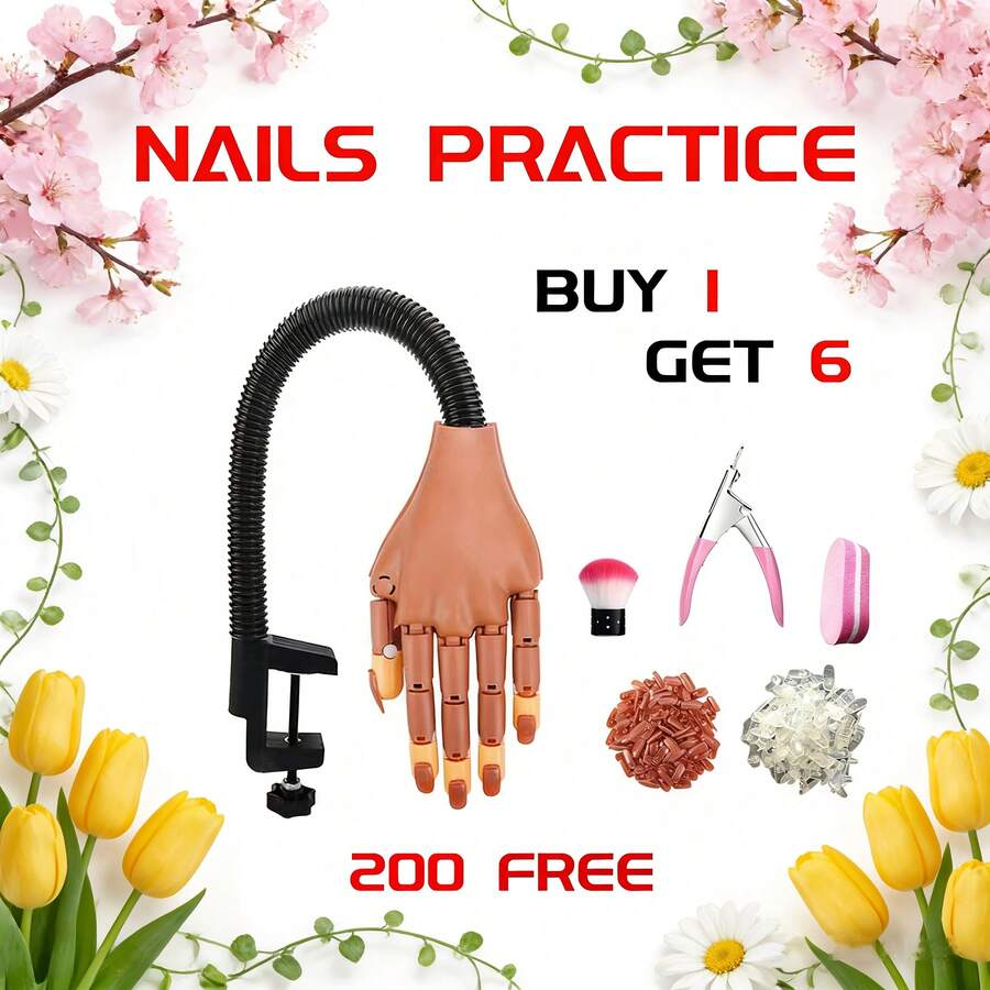 QWD Beginner & Advanced Nail Practice Hand Kit – Flexible Mannequin Hand For Nail Training, Fake Practice Hand With Movable Fingers, 200PCS Nail Tips, File, Brush & Clipper – Perfect For Nail Art Beginners & Professionals - 6合一套裝 - 查看 1