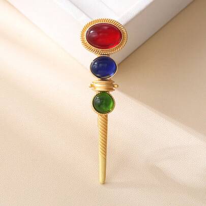 1件复古法式电镀壁龛设计奢华锌合金玻璃魔杖胸针，女士款