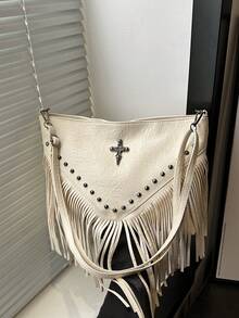Bolso bandolera de cuero retro de moda, bolso de hombro estilo bohemio con flecos y remaches, cartera cuadrada casual, bolso de mensajero adecuado para viajes y uso diario, bolso bandolerade - Beis - Ver 9