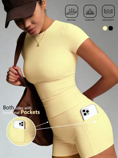 TCVC Women's Fashionable Solid Color High Elasticity Skin-Friendly Fitted Sports Set, 2pcs - High Waist Tight Shorts With Pockets For Phone, And Skin-Friendly Breathable Fitted Sports T-Shirt, Suitable For Yoga, Running, Cycling, Gym Workout Summer