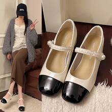 Zapatos Mary Jane Elegantes de Perlas Vintage para Mujeres 2026 Primavera Nuevo Estilo Combinación de Vestido Bloque de Color Zapatos Sencillos - Negro - Ver 1