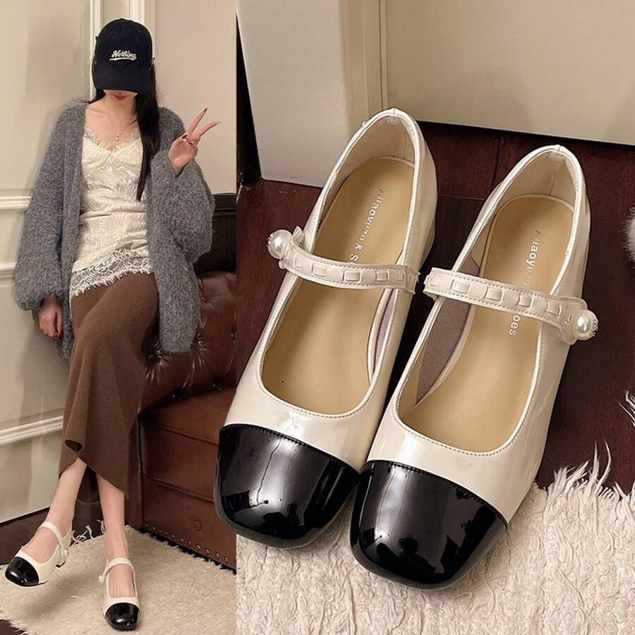 Zapatos Mary Jane Elegantes de Perlas Vintage para Mujeres 2026 Primavera Nuevo Estilo Combinación de Vestido Bloque de Color Zapatos Sencillos - Negro - Ver 1