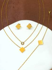 Women's Fashion Jewelry Set, Exquisite Solid Color Square Pendant Multi-Layer Necklace, Bracelet, Earrings, Suitable For Anniversary, Birthday, Valentine's Day, Mother's Day, Back To School, Graduation And Party Gifts - Multicolor - View 2