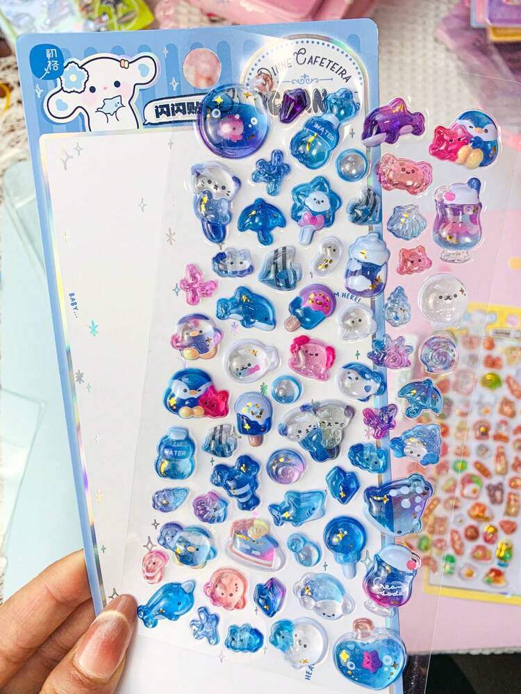 High Quality 3D Cute Stickers, Interesting Shiny Embossed Decor, Stereoscopic Interesting Japanese Anime Stickers, Crystal Stickers, Solid Material, Exquisite Stereoscopic Design, Self-Adhesive Waterproof Non-Stick Decorative Stickers, With Textured Effect And Rich Decorative Atmosphere, Mixed Color Design, Asymmetric Shape - Multicolor - View 7