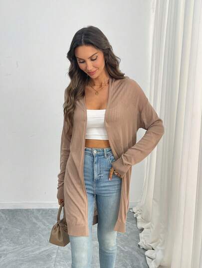 1 pieza Cárdigan de punto calado de unicolor, adecuado para la playa, vacaciones, citas nocturnas, primavera/verano