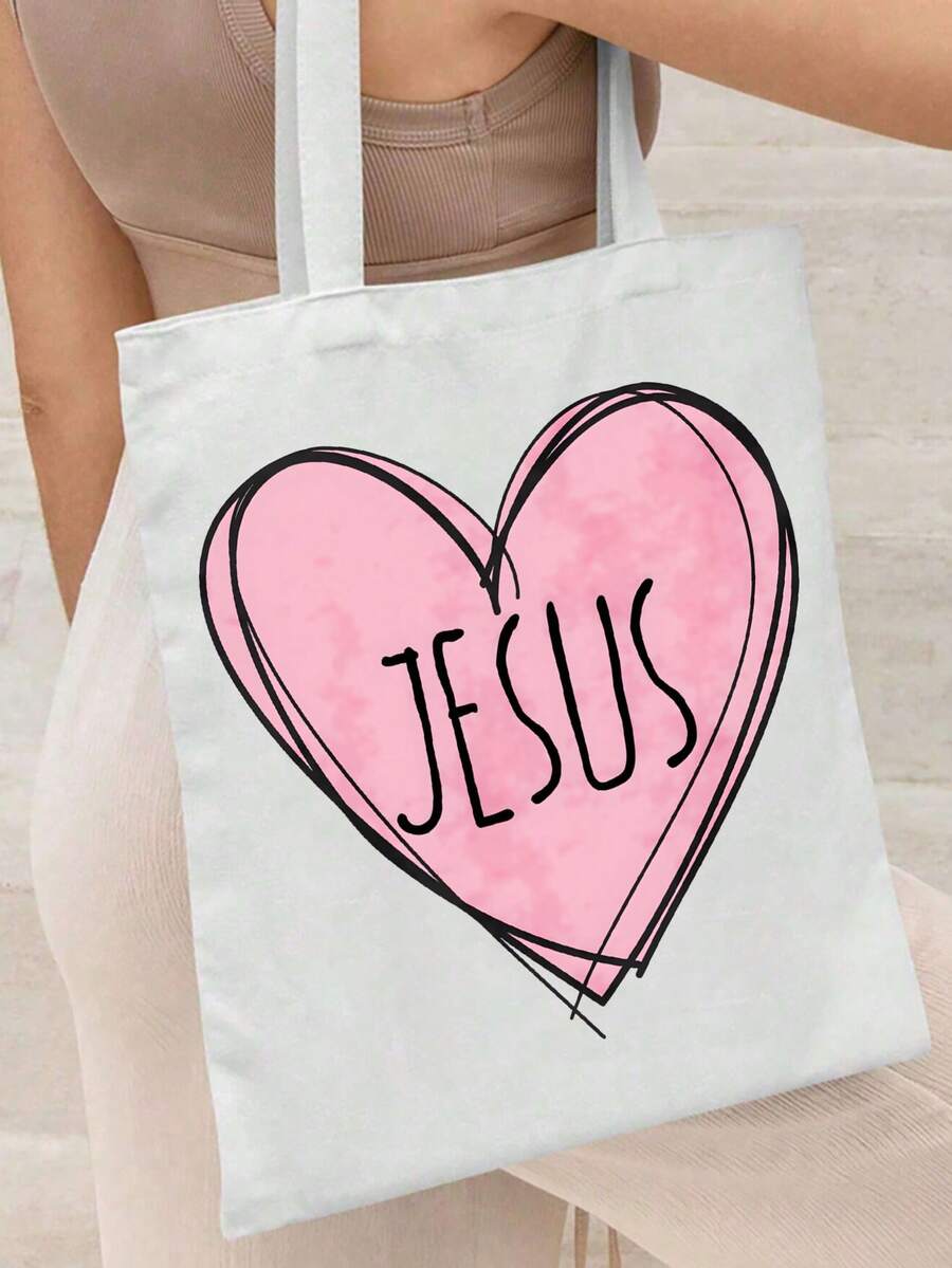 Cowboy Canvas Tote Bag Jesus Heart Design Pink Love Religious Christian Statement Art For Supermarket Shopping Daily Use And Travel - White - View 1