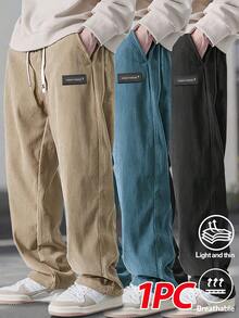 Men's Casual Corduroy Drawstring Pants, Solid Color With Pockets, Breathable & Comfortable, Suitable For Daily Casual & Holiday - Khaki - View 2