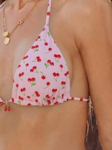 Bộ bikini nữ 2 món đi biển mùa hè, họa tiết anh đào, dây mảnh, hở lưng, gợi cảm, đồ bơi đi biển nghỉ dưỡng Valentine, quần bikini buộc dây, cạp thấp, co giãn cao, dáng tam giác - Hồng - Xem 3