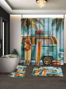 [Retro Beach Style] Bus Themed 4-Piece Bathroom Set - Shower Curtain + Bath Mat + Toilet Cover + Front Mat, Unified Pattern. Bring The Summer Road Trip And Surfing Culture Into The Bathroom, Instantly Creating A Relaxed, Personalized, And Story-Filled Bathroom Space. - A - View 6