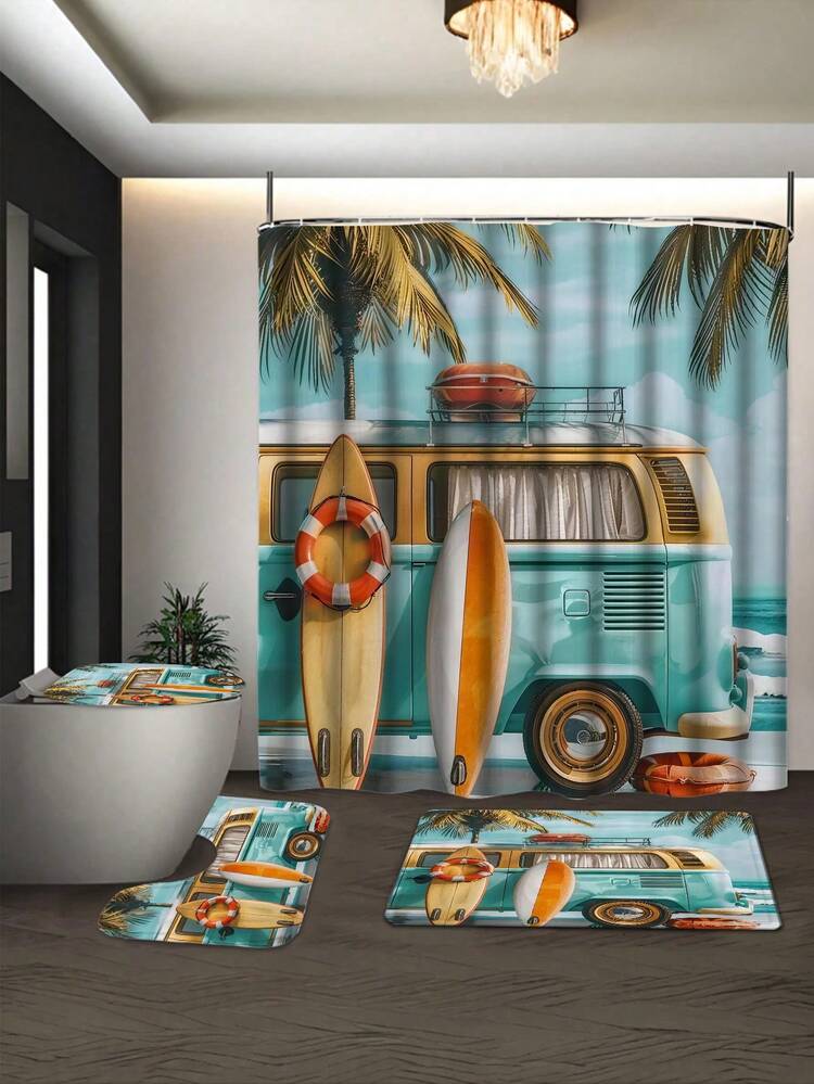 [Retro Beach Style] Bus Themed 4-Piece Bathroom Set - Shower Curtain + Bath Mat + Toilet Cover + Front Mat, Unified Pattern. Bring The Summer Road Trip And Surfing Culture Into The Bathroom, Instantly Creating A Relaxed, Personalized, And Story-Filled Bathroom Space. - A - View 5