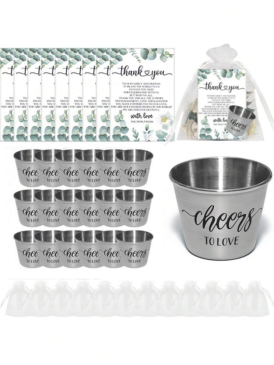 6个不锈钢迷你酒杯，附赠感谢卡和欧根纱袋，适合作为婚礼宾客回礼、新郎新娘派对礼物。 - 彩色 - 查看 1