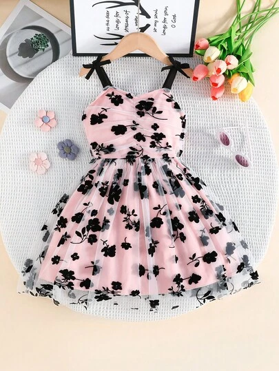 4-7Y Girls Floral Pattern Bowknot Strap Mesh Dress, Gentle Elegant For Valentine's Day
