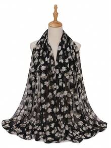 1 pieza Pañuelo de mujer con estampado floral de gasa y perlas, pañuelo musulmán hijab - Negro - Ver 3