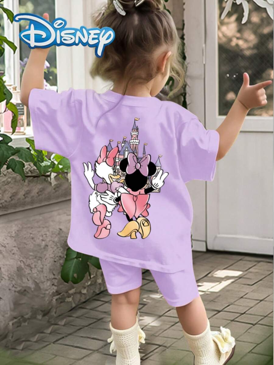 Disney 两件套女婴米妮黛西印花短袖T恤和纯色弹力腰短裤套装，休闲夏季女婴服装，柔软舒适，时尚可爱，适合日常穿着和送礼。 - 紫丁香色 - 查看 1