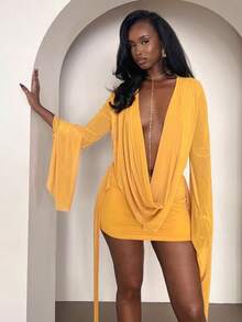 New Women's Mesh Swinging Neck  Long-Sleeved Backless A-Word Short-Sleeved Dress - Màu vàng - Xem 1