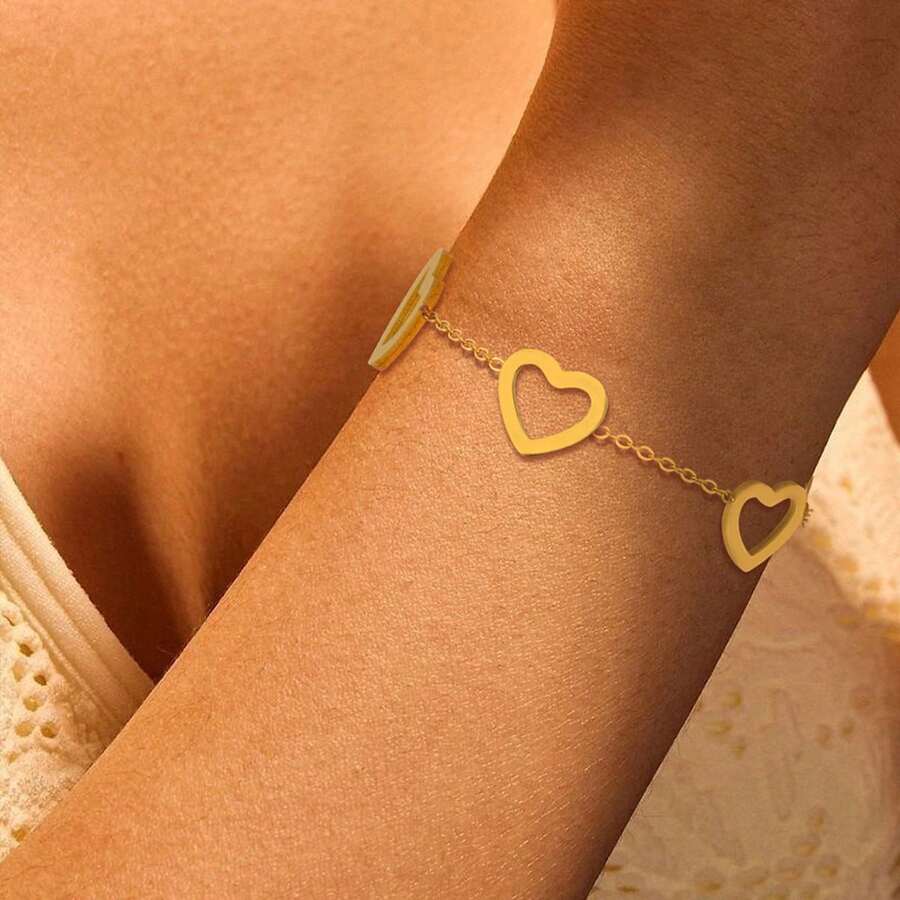 1件防水金属时尚饰品不锈钢心形镂空手链浪漫简约情侣手链 - 心形 - 查看 1