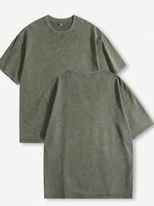 American Retro Style, 230g Heavyweight Washed Distressed Short-Sleeved T-Shirt For Men. High-Weight Pure Cotton, Thick And Opaque, With A Snowflake Wash Process. Loose, Drop-Shoulder, Oversized Fit. Street Style, Versatile, Basic, Suitable For Everyday Wear, Commuting, And Casual Wear. - 綠色 - 查看 2