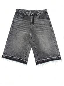 Men's Luxury American Street Style Accent Ankle Design Grey Washed Loose Fit Denim Capri Shorts - Grey - View 2