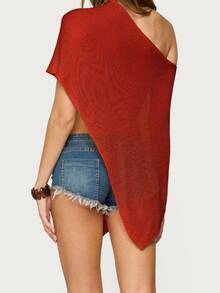 Women's Sheer Ponchos Off Shoulder Short Sleeve Solid Color T-Shirts Asymmetrical Knit Tops - 紅色 - 查看 2