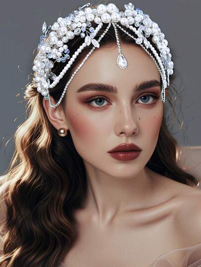 1件奢华仿珍珠串珠水晶发箍，优雅新娘发饰，适合婚礼、派对、宴会等场合。