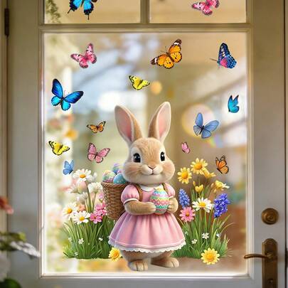 1/2个可爱的兔子站在花丛中，手里拿着一个复活节彩蛋。这款可重复使用的PVC静电吸附蝴蝶窗贴非常适合装饰咖啡馆、窗户、卧室和餐厅。