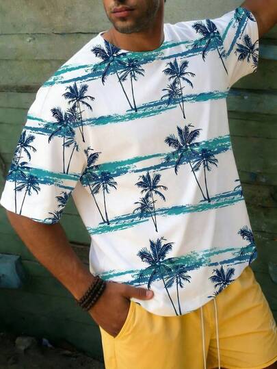男士条纹椰树印花T恤，休闲热带风，舒适透气，适合夏季穿着