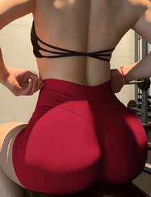 VOYJOY Women Workout Gym Impact Shorts Elieen Hidden Scrunch Butt Lifting Mid Low Waist 4.5" Seamless Shorts  Gym Shorts Black Shorts  Gym Shorts For Women Summer Women Clothes Pink Shorts  Summer Shorts For Women - 正紅色 - 查看 2