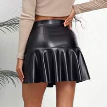 Women's High Waist Black PU Leather Mini Skirt Asymmetrical Ruffle Hem Bodycon Skirt High Stretchy PU Leather Skort Built-In Liner Spring Summer Music Festival Party Outfits - Black - View 2