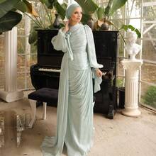 Autumn New Women's French Style Ruched Waist Green Irregular Long Dress - Màu xanh nhạt - Xem 12