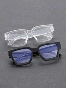 2 Pairs Plastic Black & Transparent Gray Geometric Full-Rim Eyeglasses, Suitable For Daily Life, Office, Music Festivals, Dates And All Face Shapes - Clear - View 10