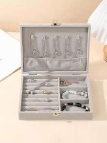 Jewelry Storage Box With Lock, Velvet Multi-Layer Jewelry Box, Desktop Jewelry Organizer, Jewelry & Accessories Storage Box, Moisture-Proof Jewelry Box, Necklace Holder, Ring Box, Convenient Jewelry Storage Case, Multi-Function Jewelry Organizer, Soft Fabric Lining, Exterior Lock Clasp, Interior Compartment Hooks, Suitable For Storing Rings, Necklaces, Earrings, Pendants - Lockable Jewelry Box - View 9