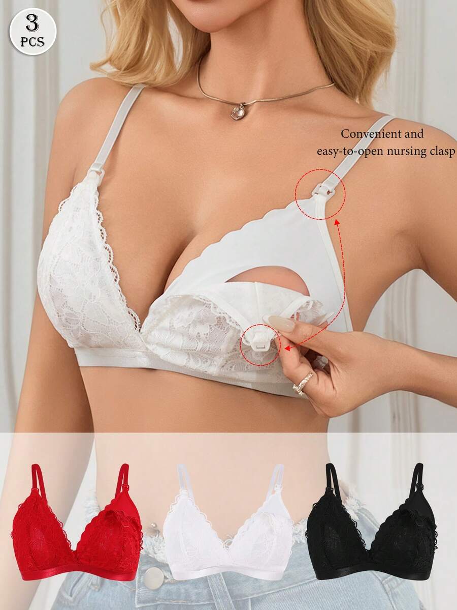 3pcs Solid Color Lace Trim Nursing Bras (Padless) - Black - View 1