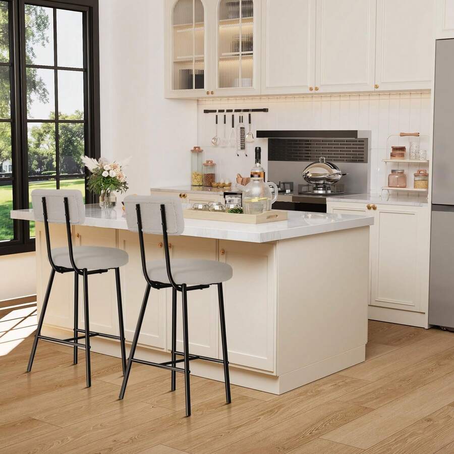 Juego de 2 taburetes de bar Boucle con asiento redondo, modernos taburetes tapizados con respaldo y reposapiés, patas de metal, para isla de cocina, mostrador y cafetería, color gris. - Gris - Ver 1